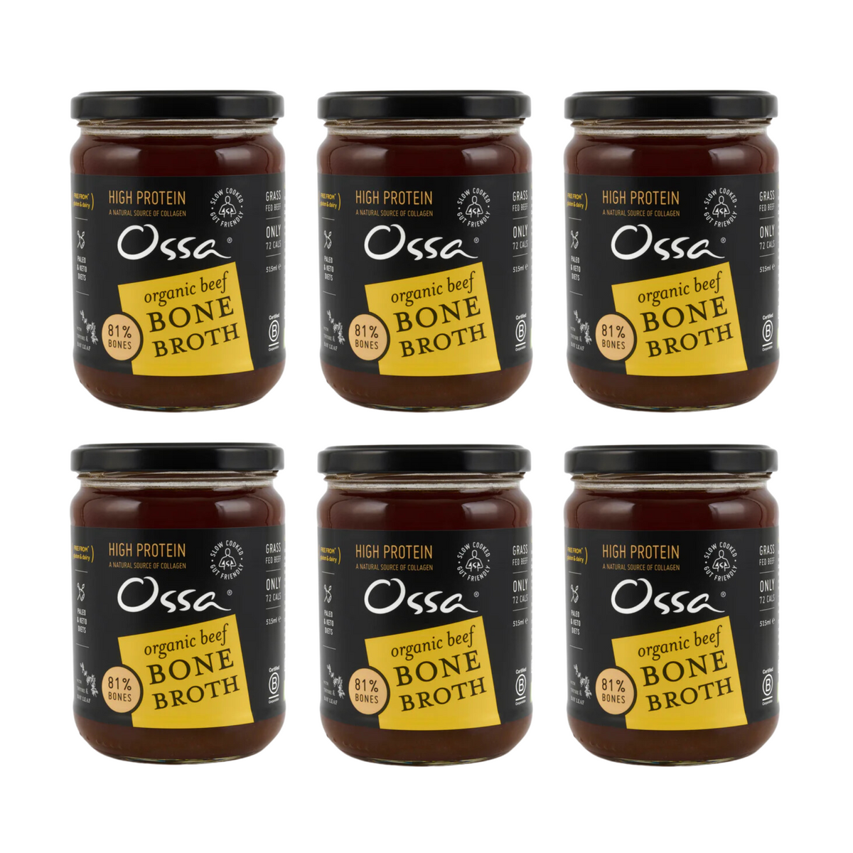 6x Organic Beef Bone Broth Ambient 515ml Ossa Organic