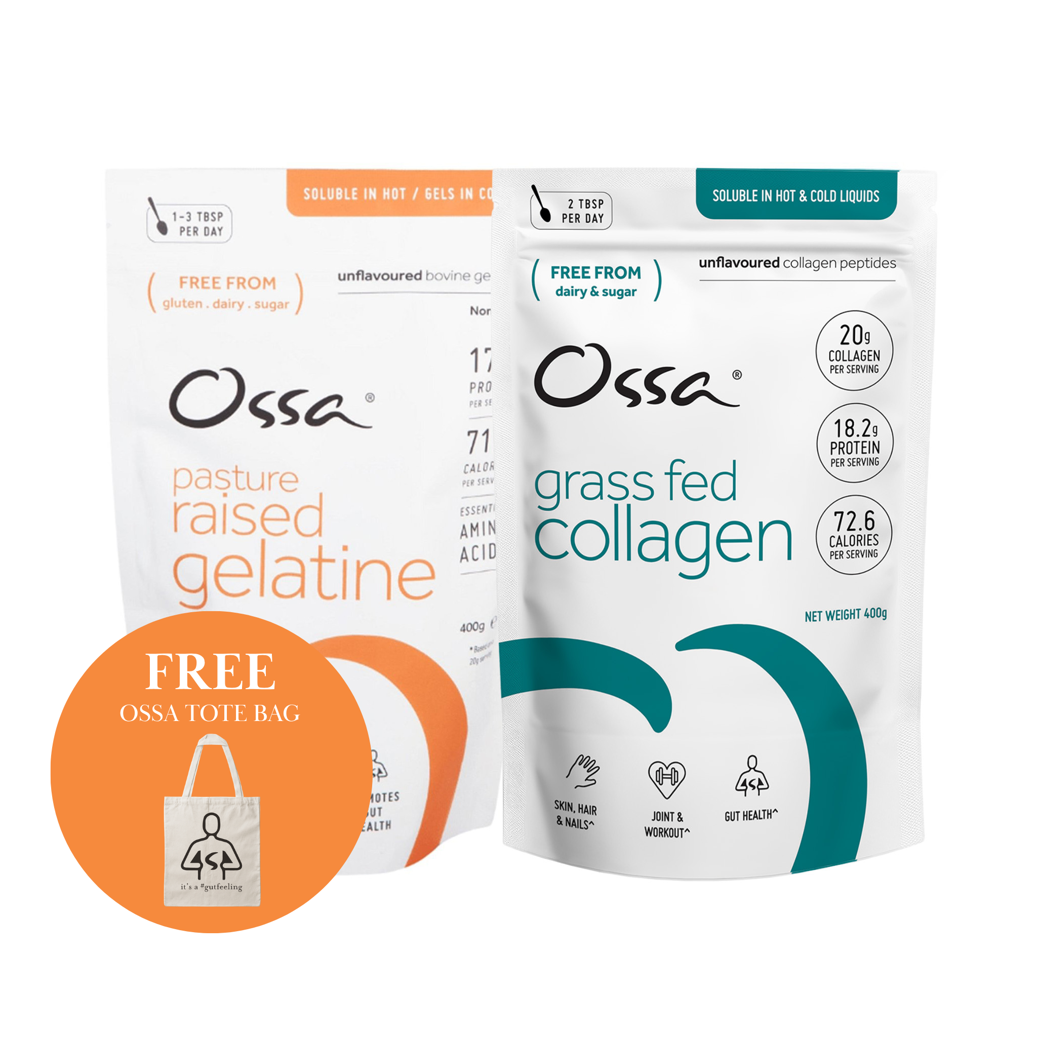 Ossa Certified Grass Fed Collagen Peptides and Ossa Pasture Raised Gelatine